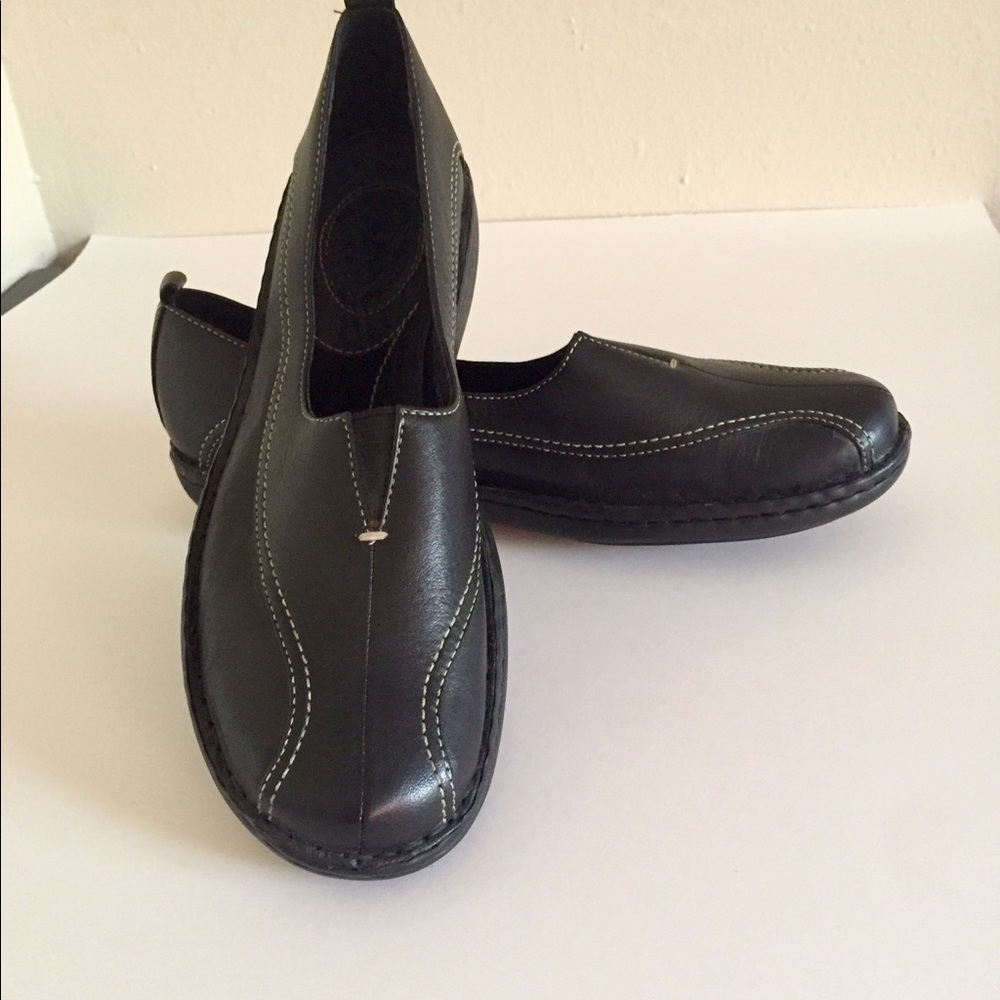 Clarks black slip on shoes