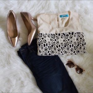 Cream and Navy Lace Top