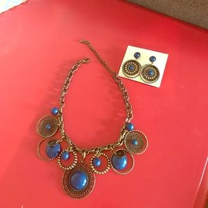 Antiqued gold & blue necklace & post earrings
