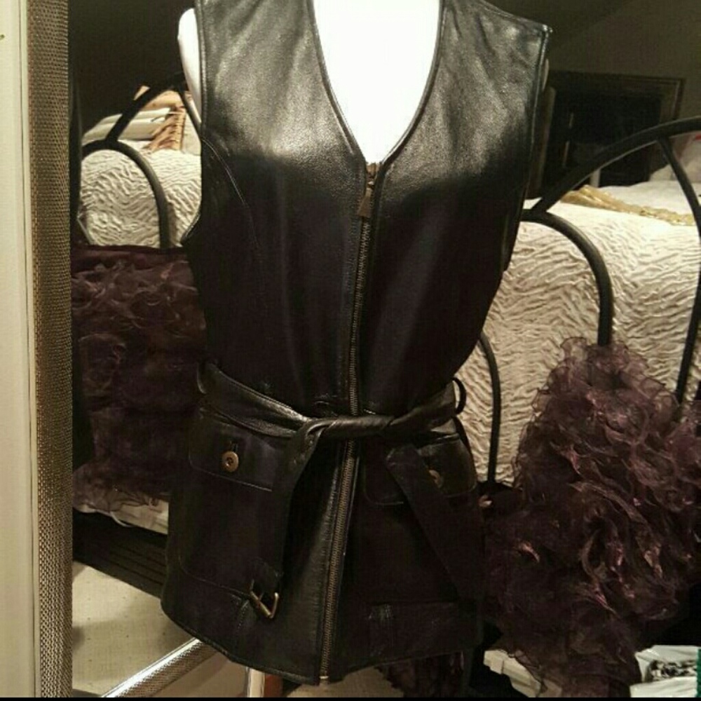 Leather belted zip vest
