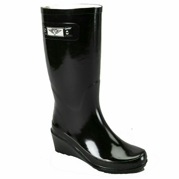 Women's Rainboots, Tall Wedge Rain Boots, RB-3100, Black - Picture 2 of 4