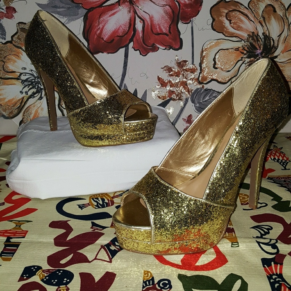 Gold platform glitter heels