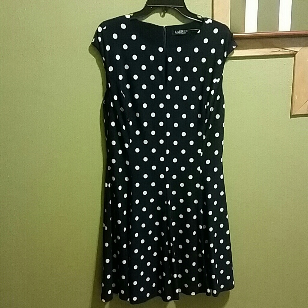 Navy dot dress. Keyhole front. Hidden zipper back.