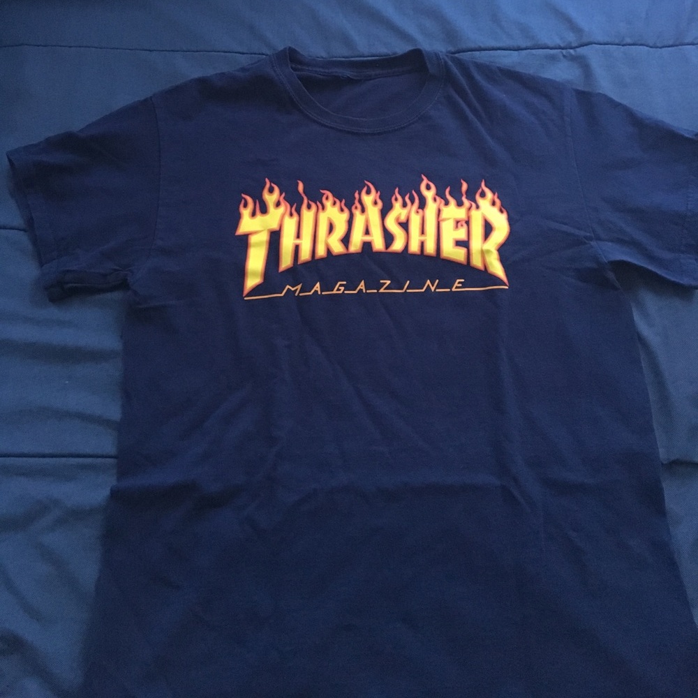 Navy blue flaming thrasher shirt