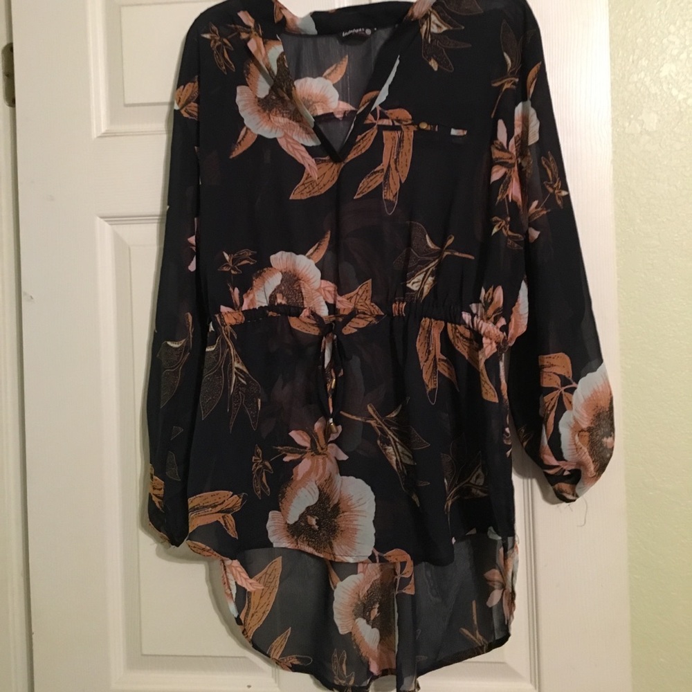 NWOT navy floral sheer cinched blouse