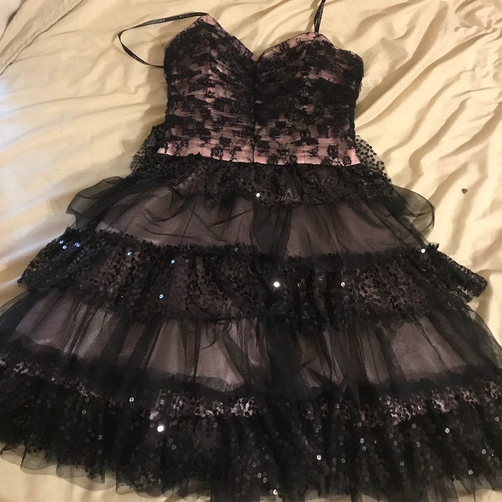 Pink and black strapless cocktail dress