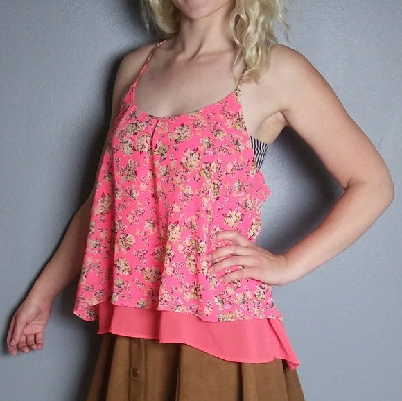 Cotton Express Tops - Orange floral chiffon layered tank