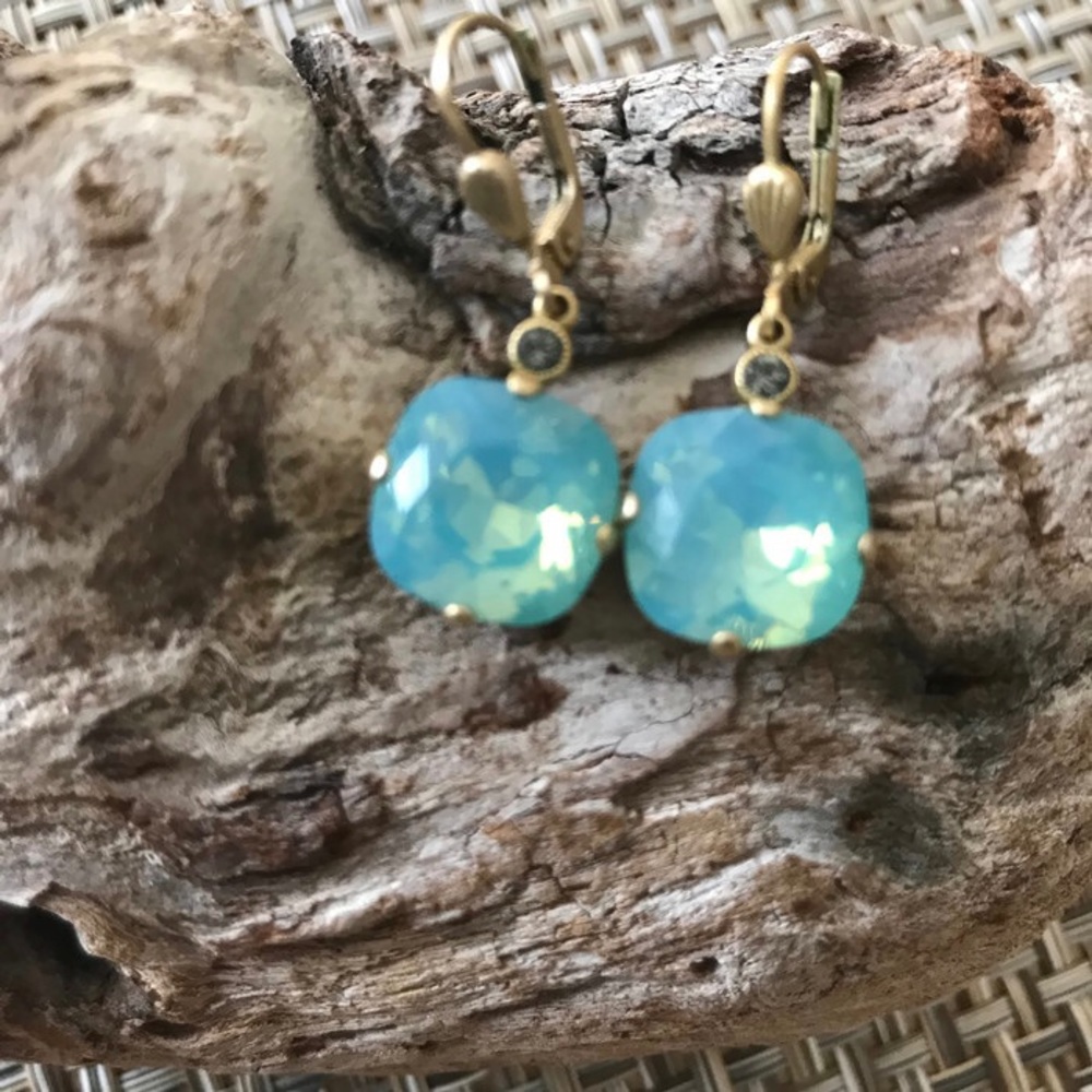 Blue Chalcedony Brass Tone Dangle Earrings