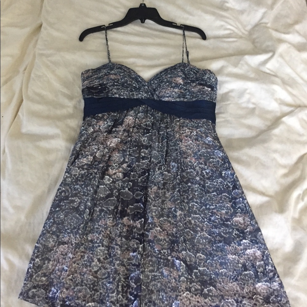 BCBG metallic blue, taupe and silver dress