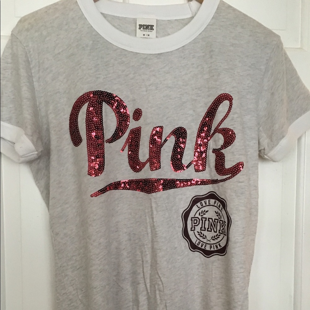 PINK sequin crew Tee Size M