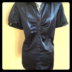 Navy Blue Satin/Silk like button down blouse 1X