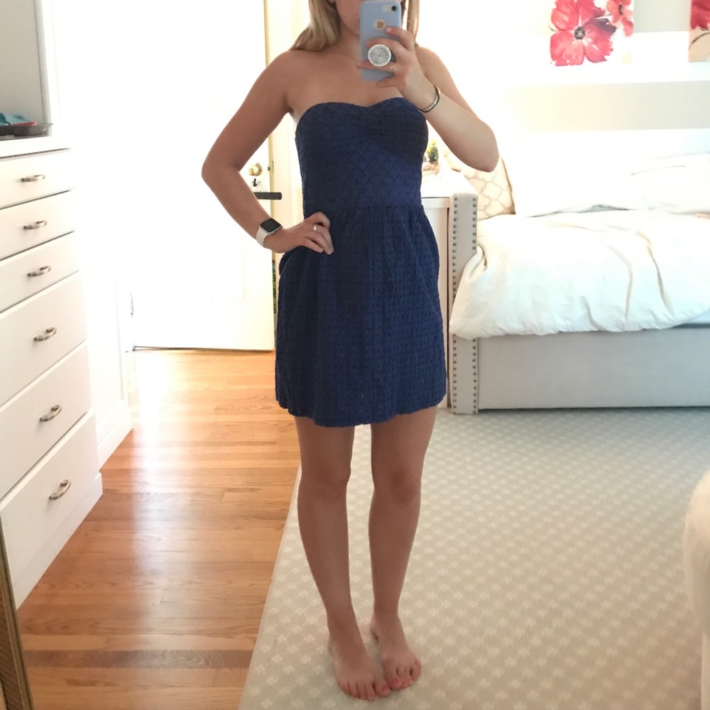 strapless blue eyelet dress