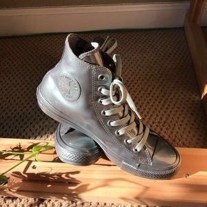 Metallic army green high top converse