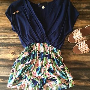 Bright floral and navy surplice romper-small