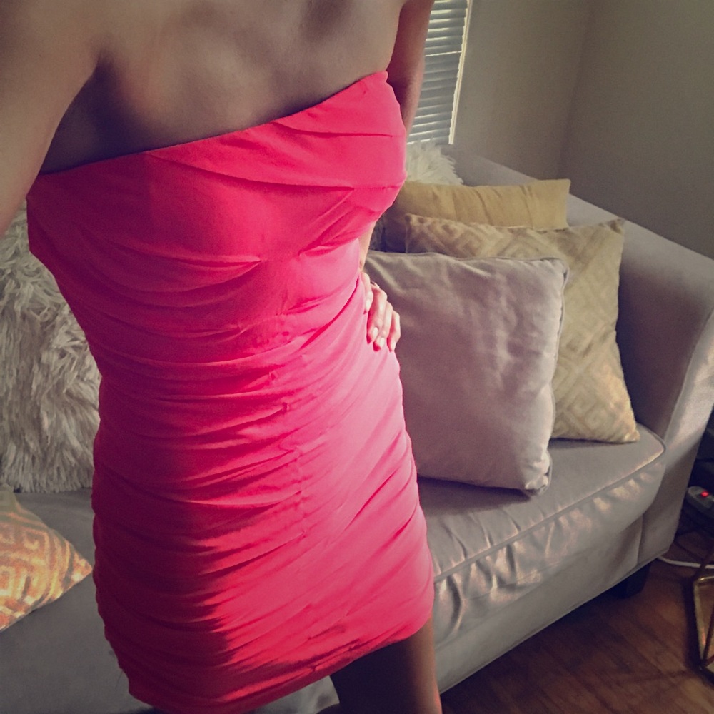 Hot pink rouched strapless mini dress