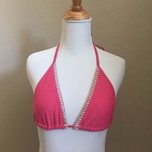 Pink Bathing Suit Top with Tan Trim Detailing