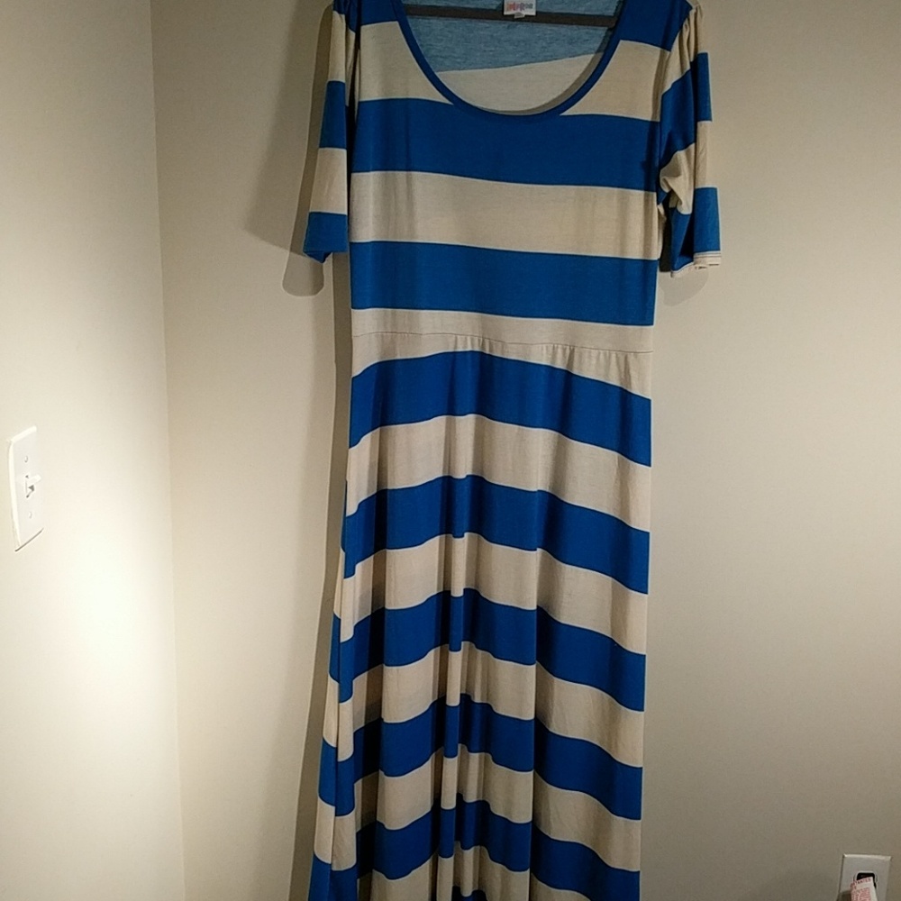 EUC Lularoe 2XL Ana Maxi Dress Blue White Stripes