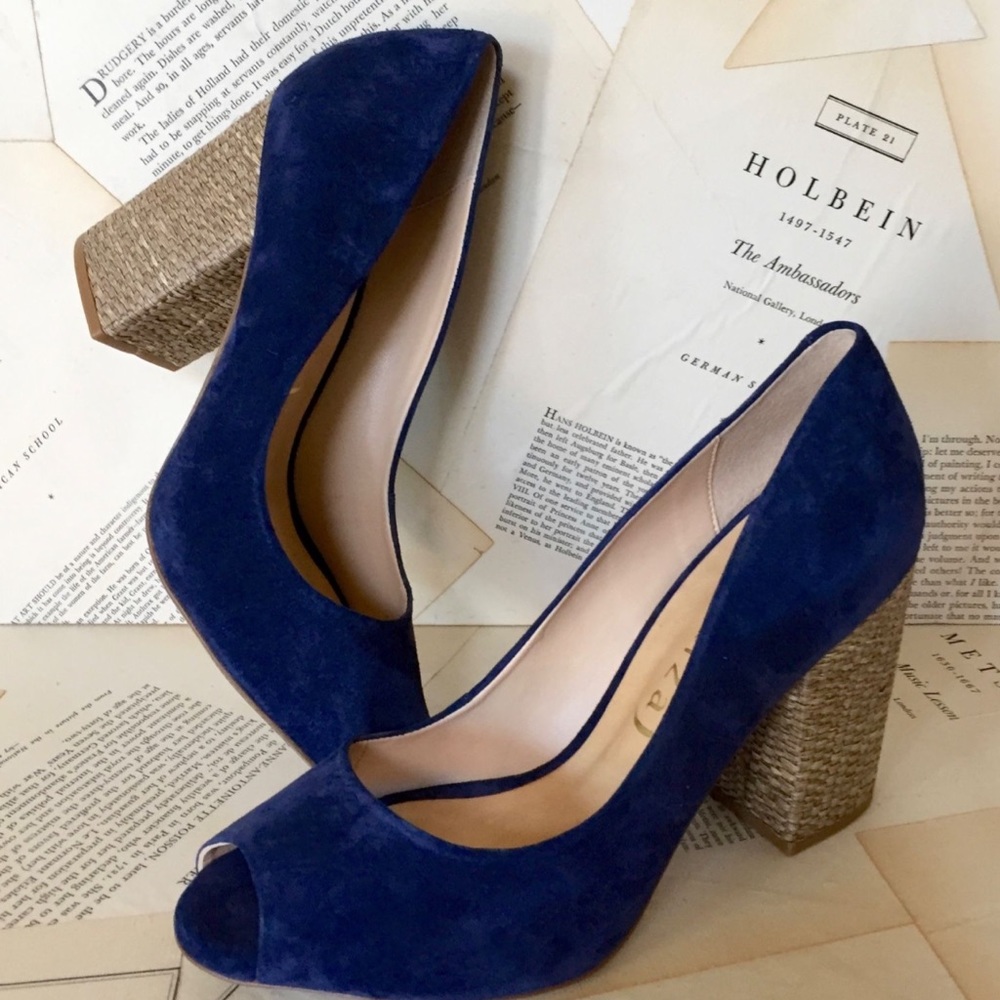 Anthropologie Suede Wicker Heel Peep Toe Pumps  39 - Picture 2 of 8