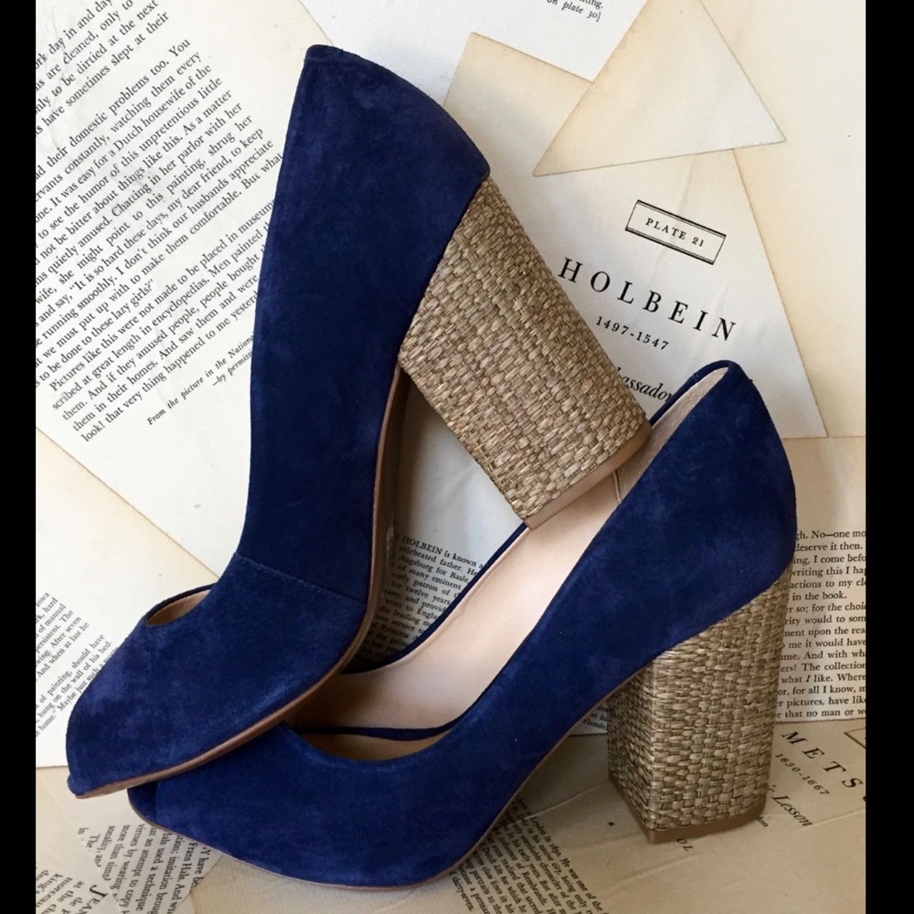 Anthropologie Suede Wicker Heel Peep Toe Pumps  39 - Picture 4 of 8