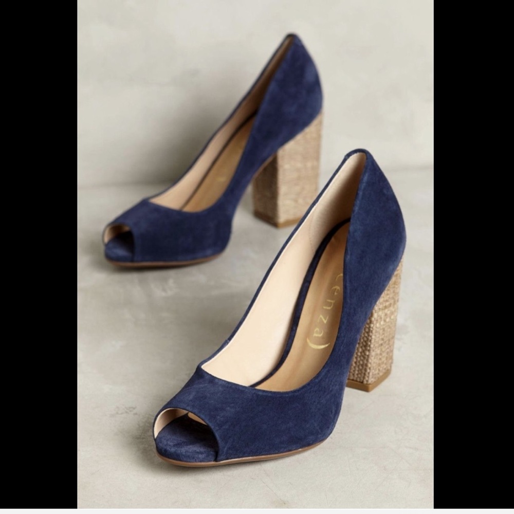 Anthropologie Suede Wicker Heel Peep Toe Pumps  39 - Picture 6 of 8