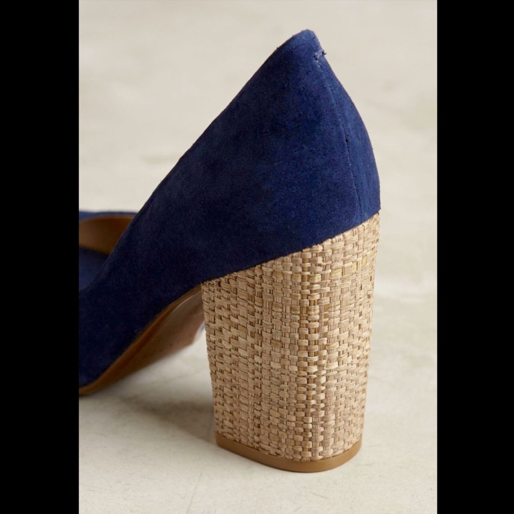 Anthropologie Suede Wicker Heel Peep Toe Pumps  39 - Picture 8 of 8