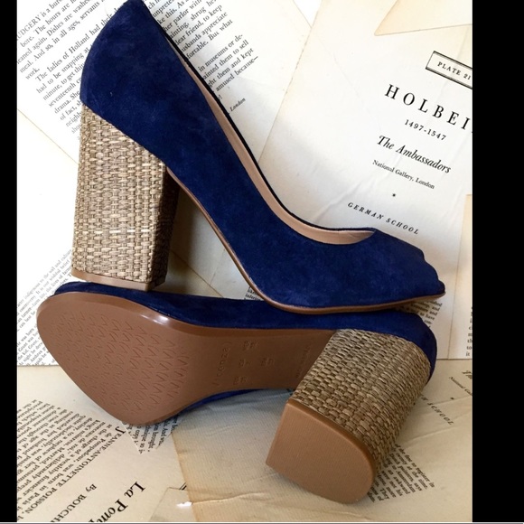 Anthropologie Suede Wicker Heel Peep Toe Pumps 39 - Picture 3 of 8
