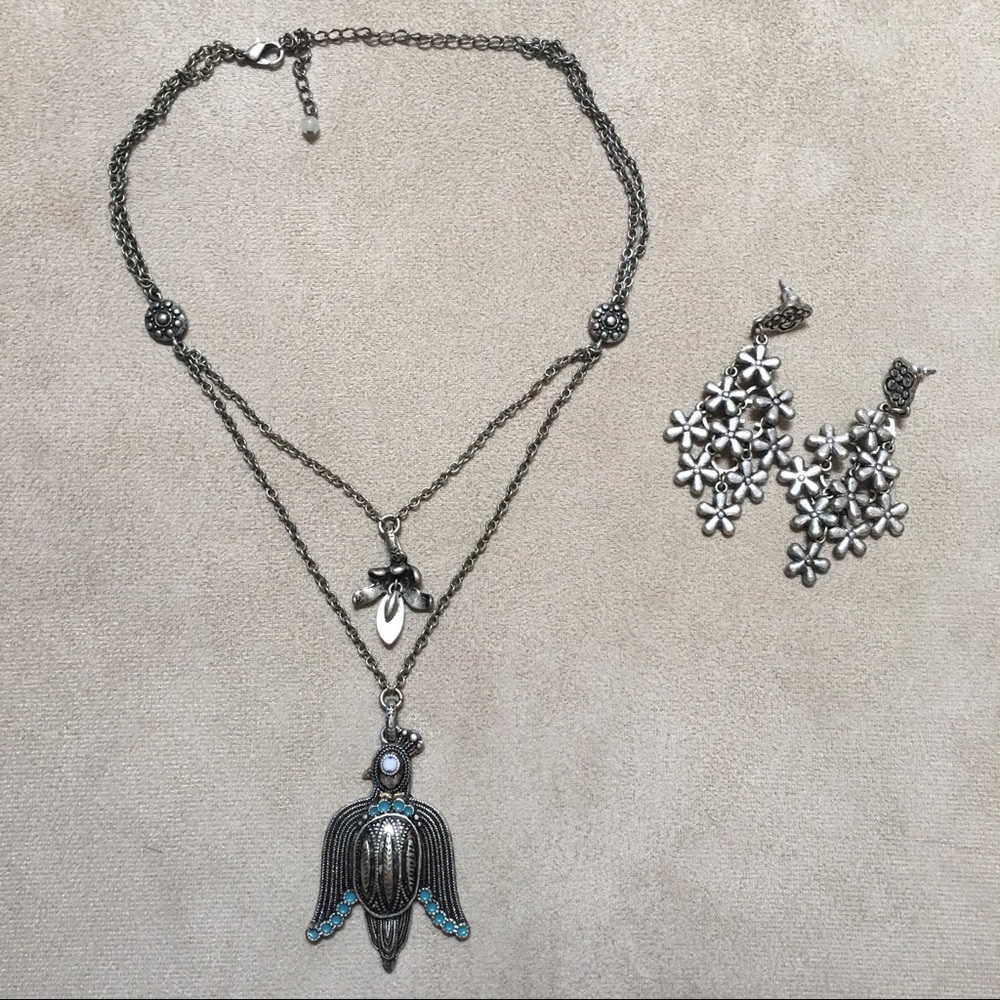 Tribal bird necklace and dangly earring set