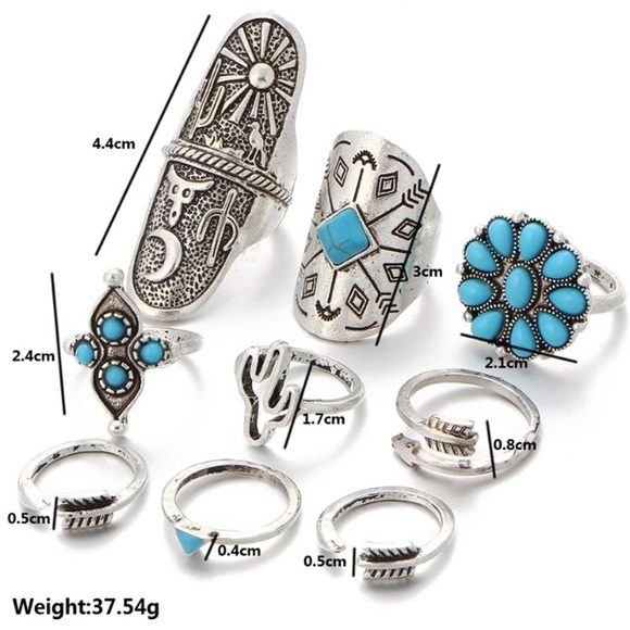 🌵Setof9 Boho Cactus Silver Turquoise Midi Rings - Picture 7 of 8