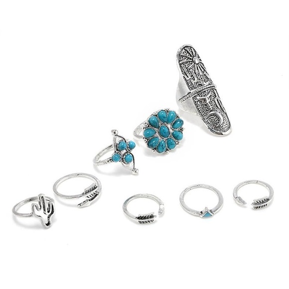 🌵Setof9 Boho Cactus Silver Turquoise Midi Rings - Picture 4 of 8