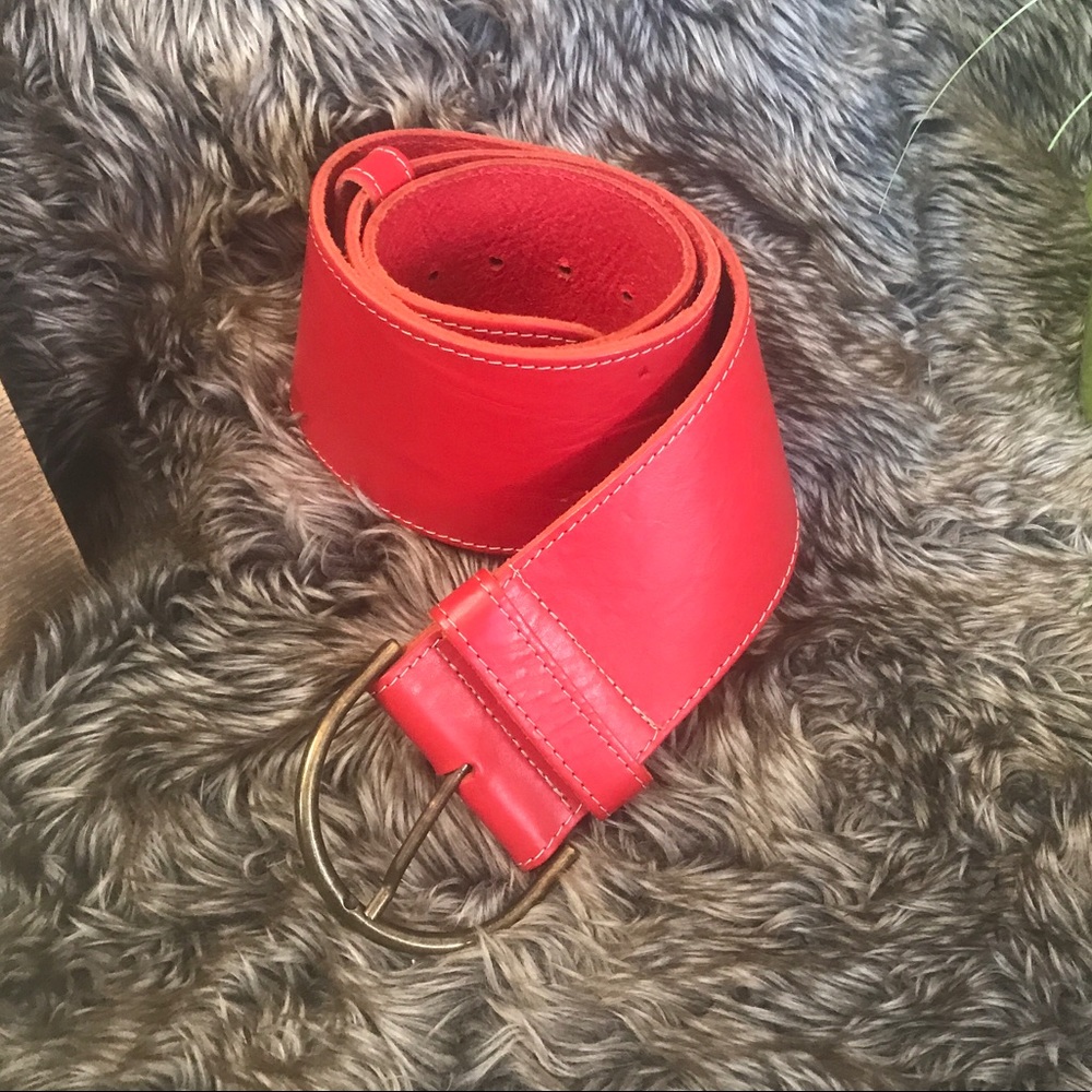 NWOT Italian Ruby Red Leather Wide Belt 33-35"