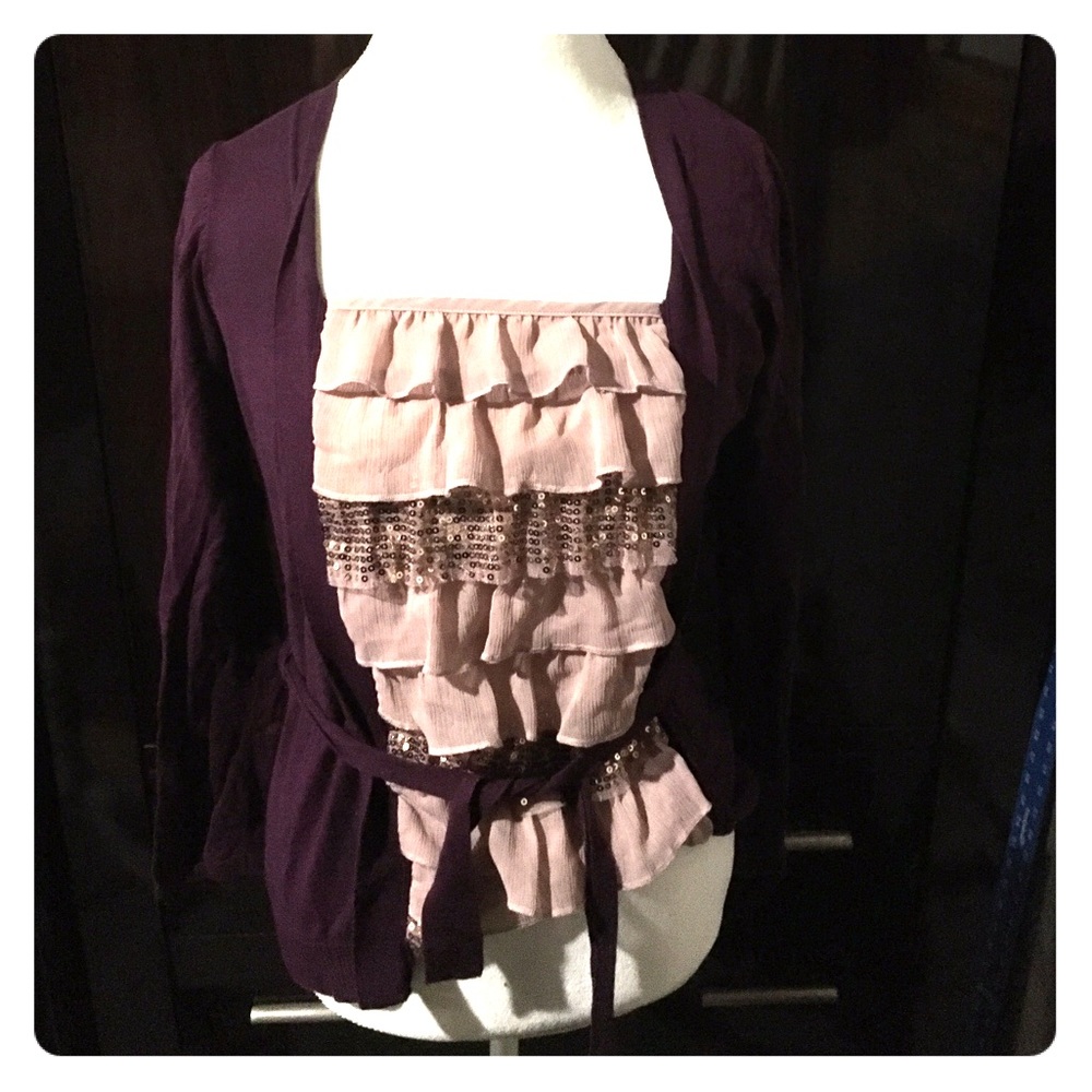 Apt 9 Plum Cardigan with sequined Tiered inset.