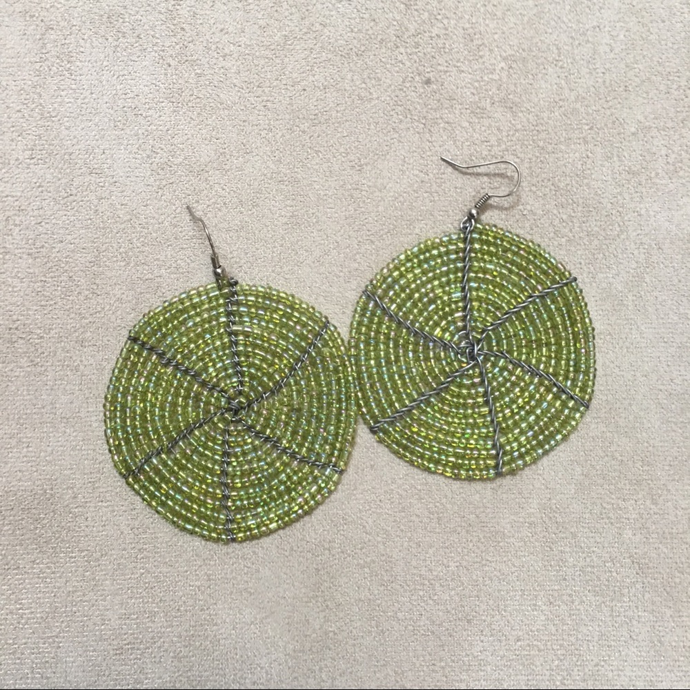 Large lime green beaded earrings