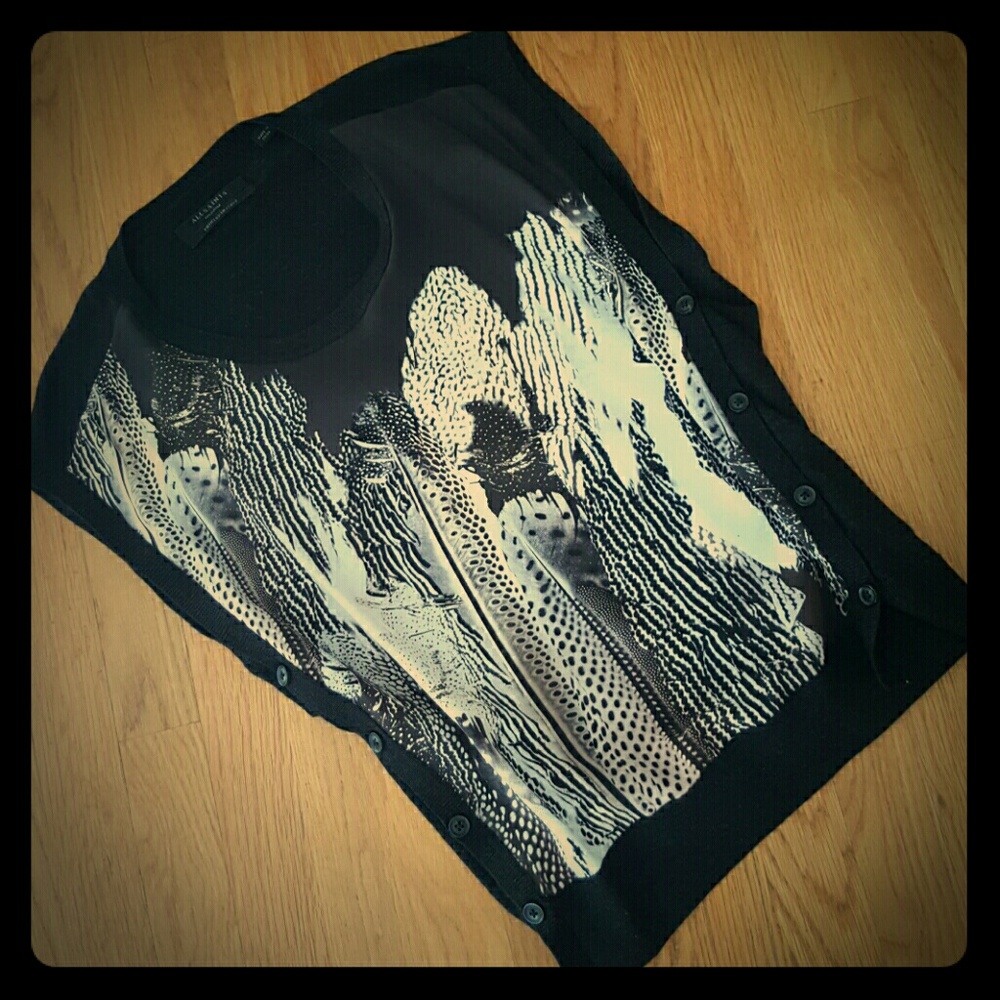 AllSaints Silk & Wool Feather Print Tunic Top