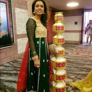 Heavy work green shalwar polazzo pant suit.