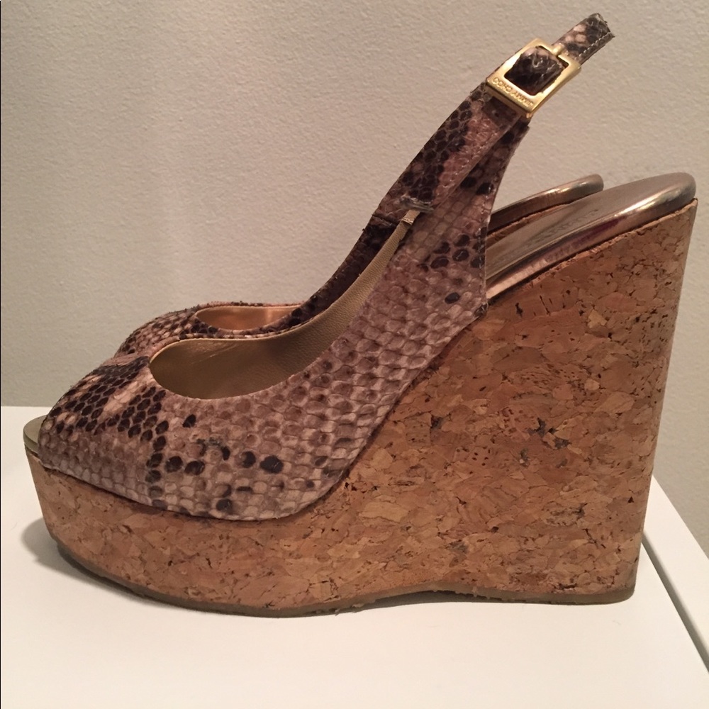 JIMMY CHOO Slingback Python Print Cork Wedges