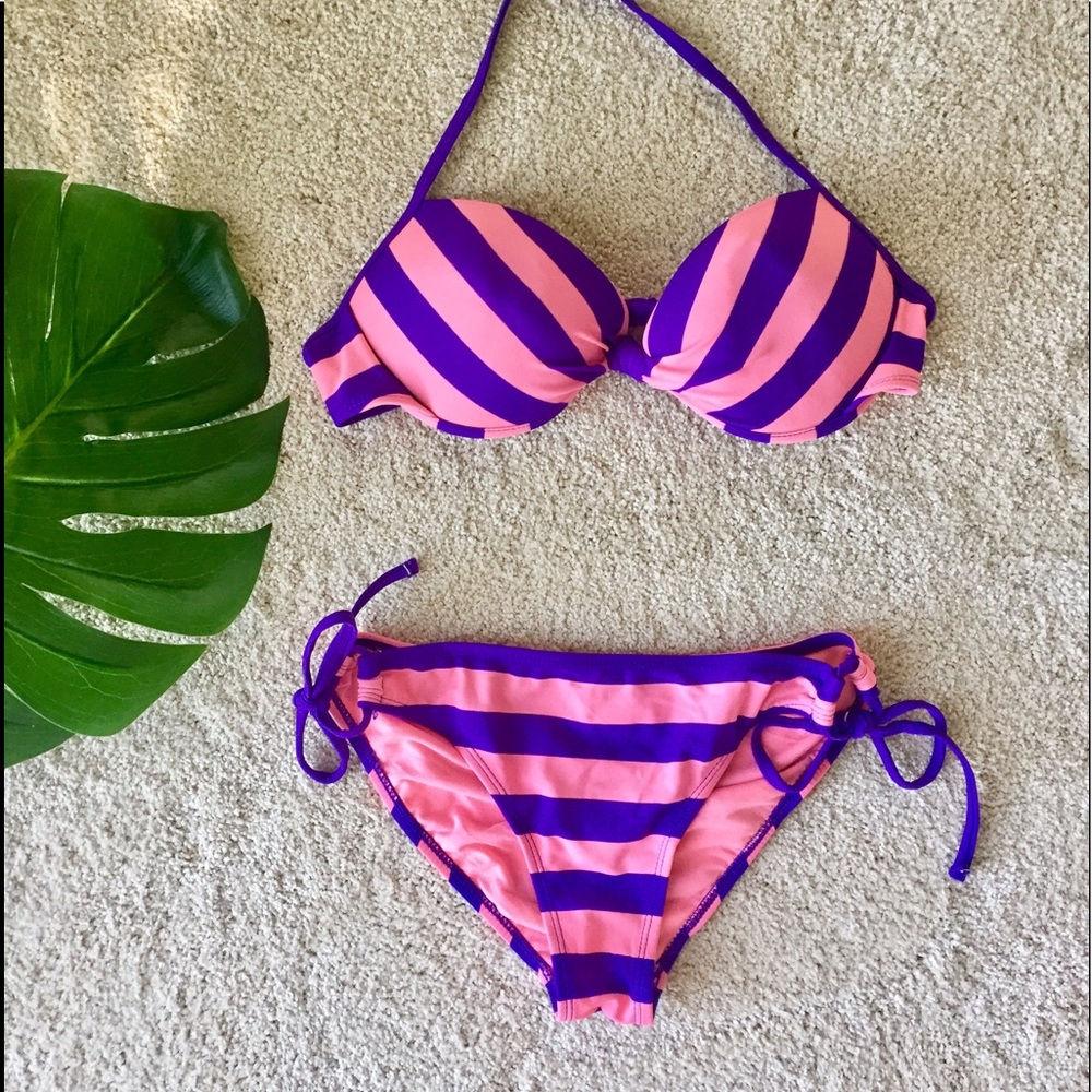 Pink and purple striped push-up bikini set by Mudd