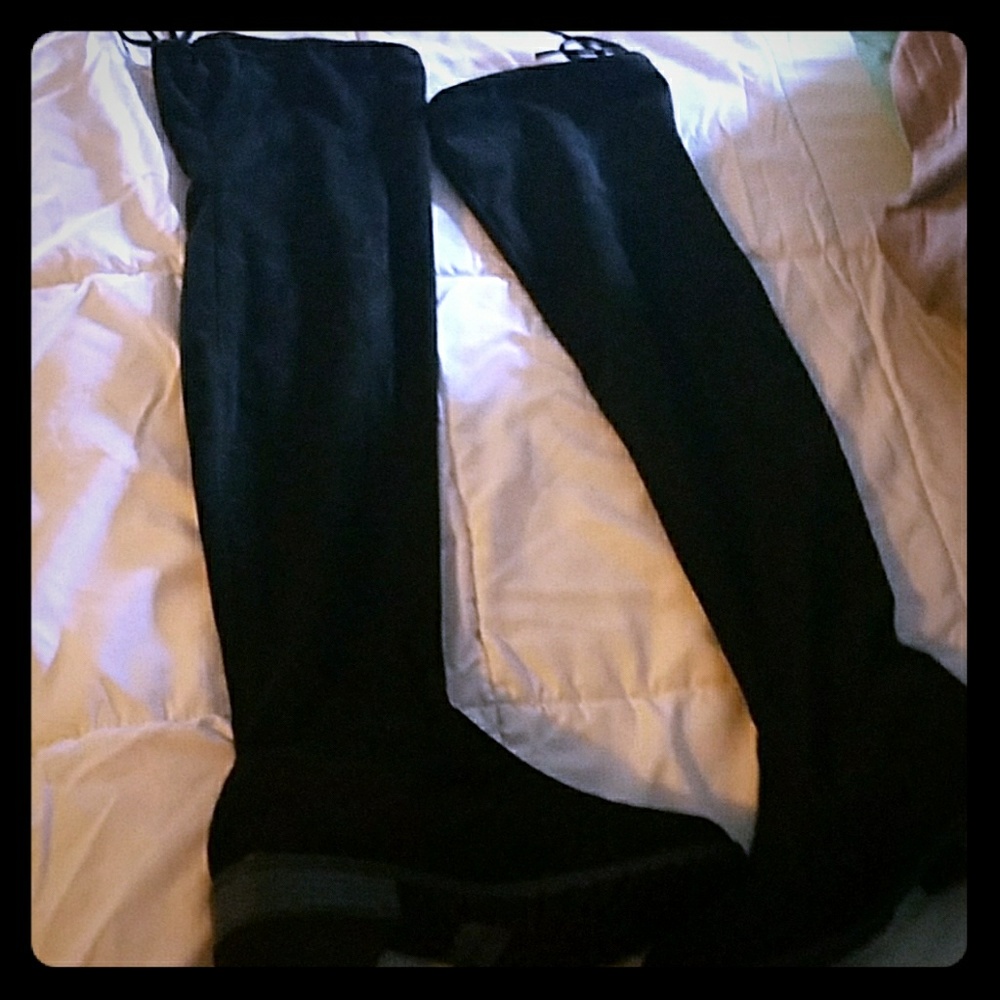 Thigh high black faux suade boots