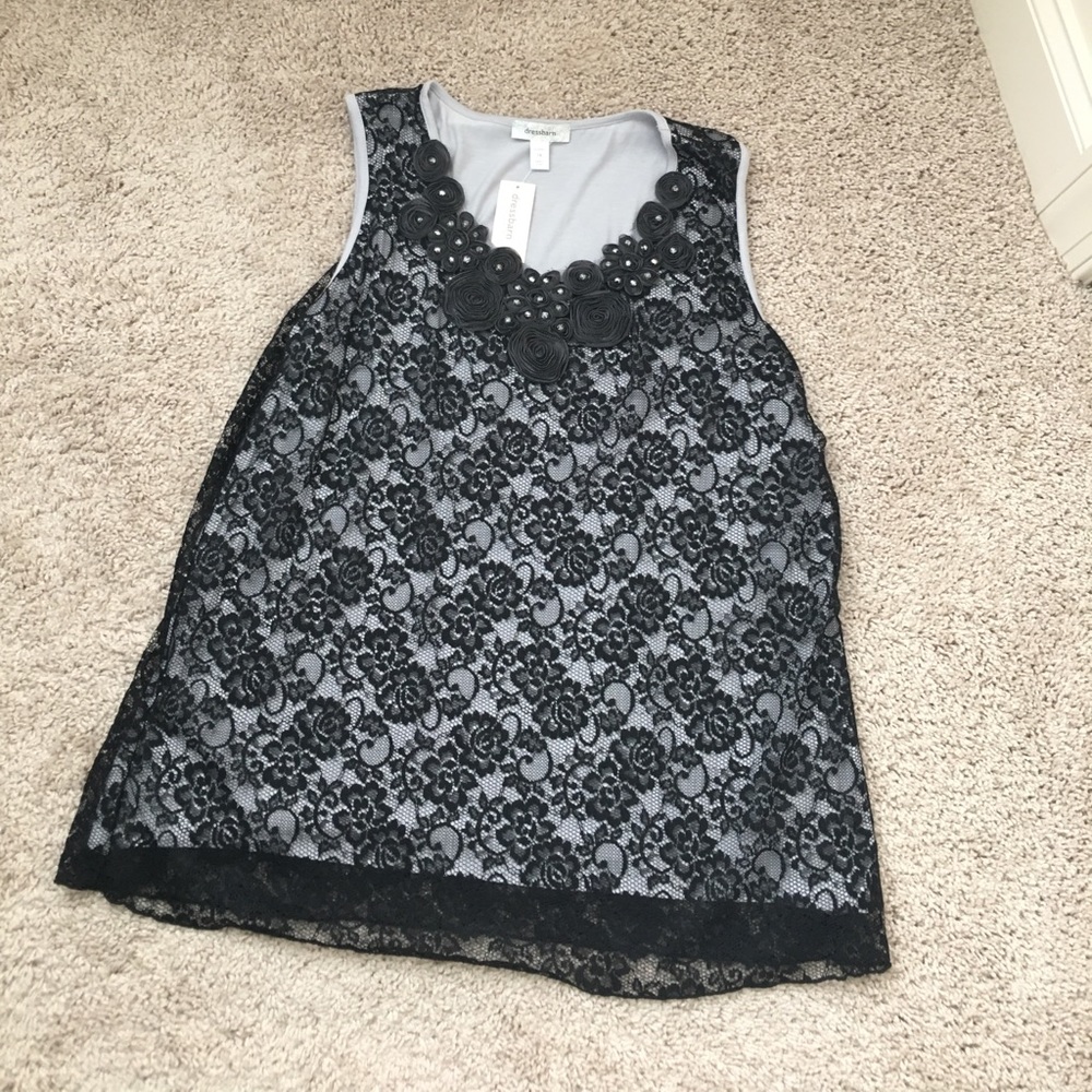 Black lace tank with rosettes