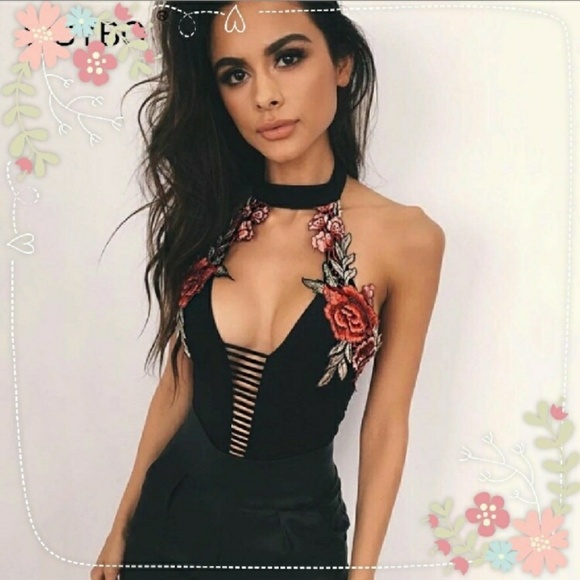 Other - 🆕Floral Deep V-Neck Choker Bodysuit