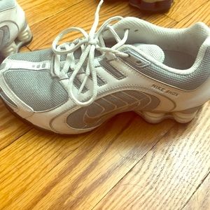White and silver Nike Shox