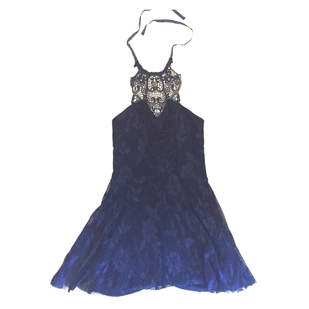 Free People Navy Lace Halter Dress, Medium