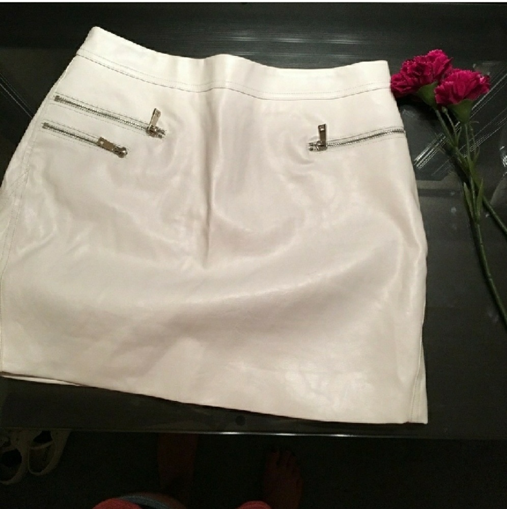 High waisted white leather skirt