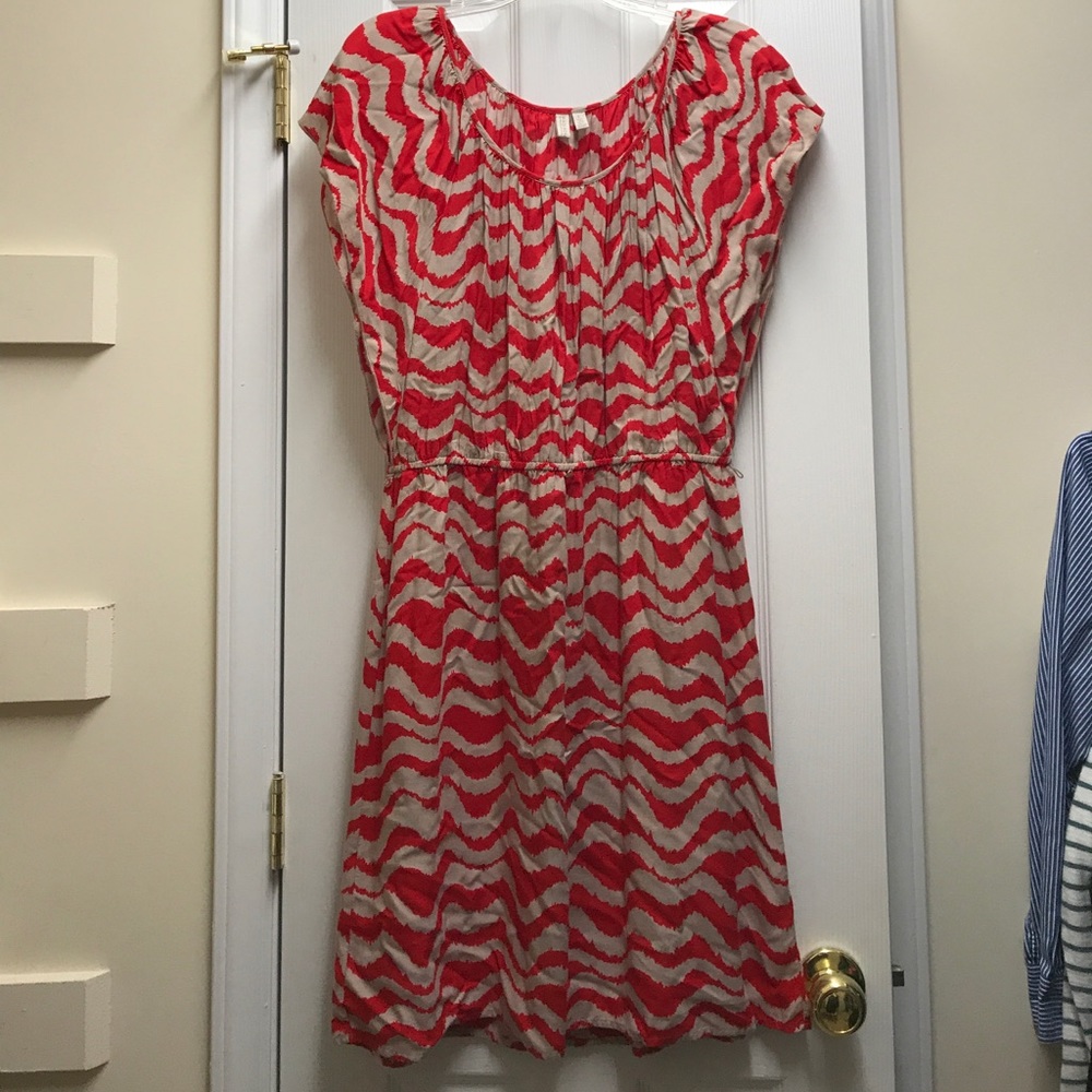 Red and Beige Dress with Winged Arms