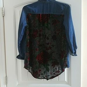 Jean jacket with sheer floral mesh back