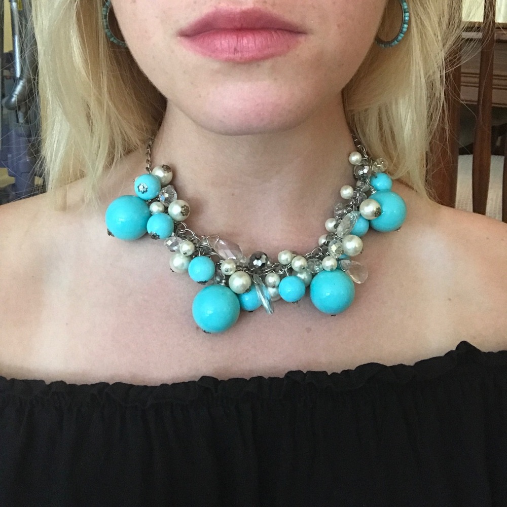 Turquoise, Pearl, Rhinestone Statement Necklace