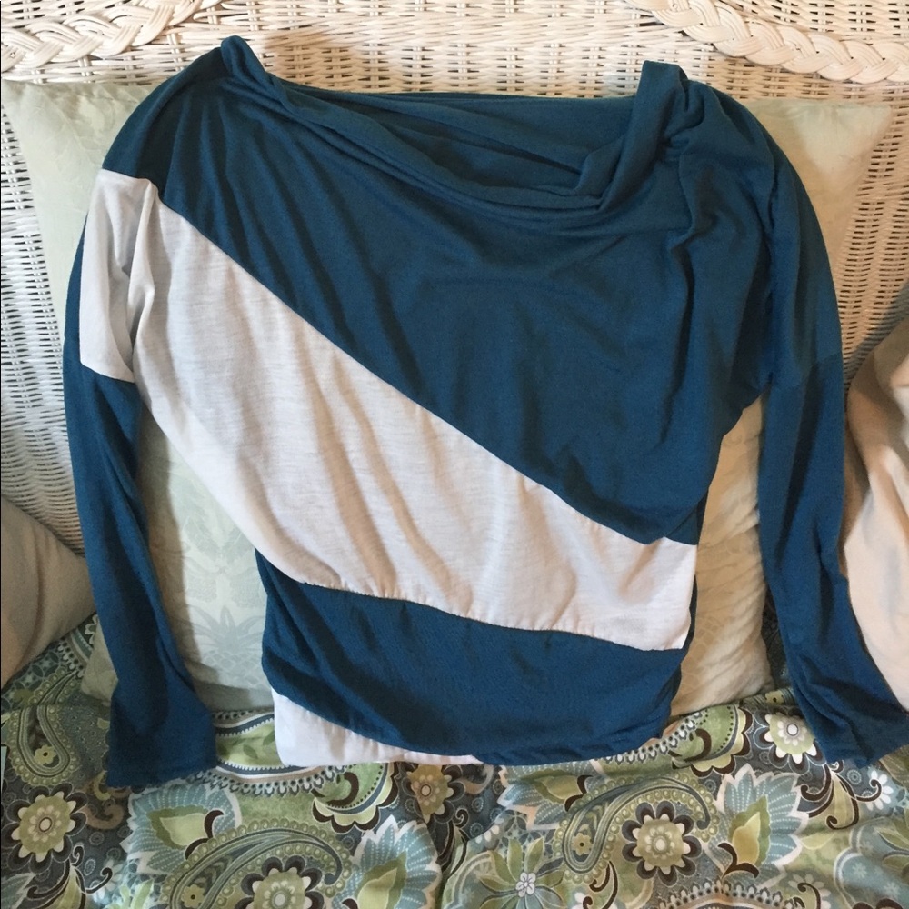 Off the shoulder blue and white shirt