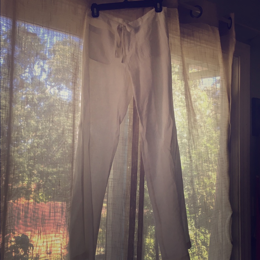 White linen drawstring pants