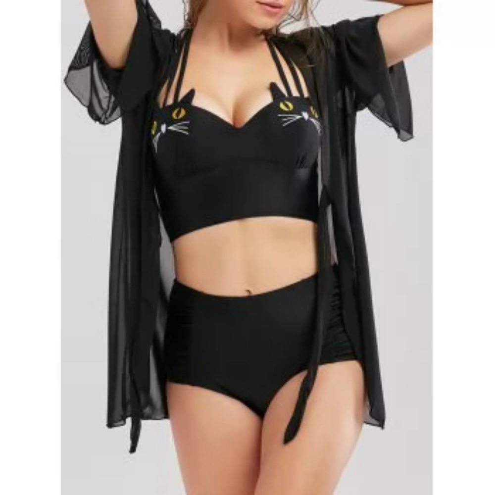 High waisted cat black bikini