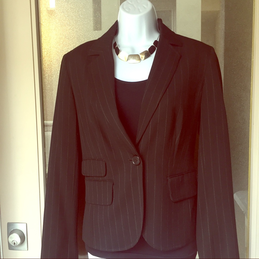 Black jacket with small double white stripes