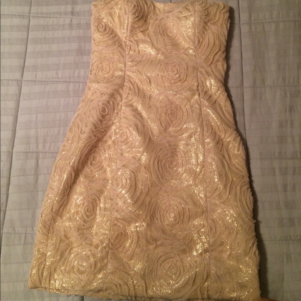 Gold sparkle mini homecoming dress